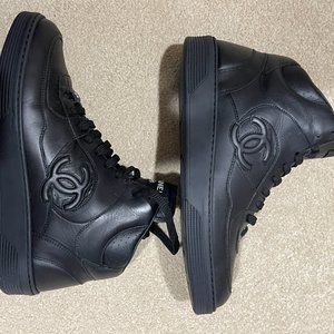 New Chanel High Top Black Leather Men's Sneakers - Size 11/44